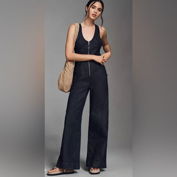 Anthropologie Maeve sleeveless racerback v-neck flare denim jumpsuit NWT Size 6 - Picture 2 of 8